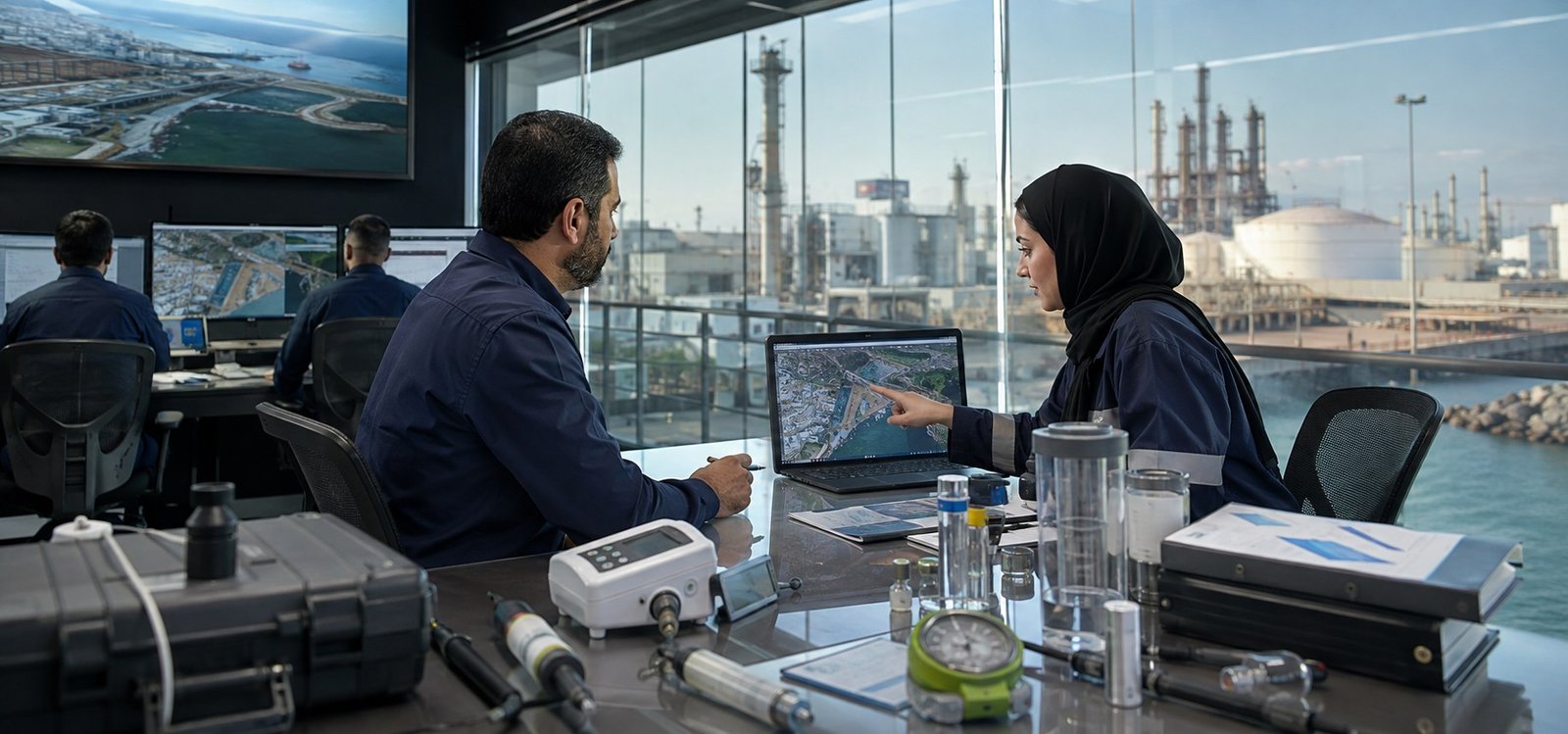 Environmental and risk consultants reviewing monitoring data
